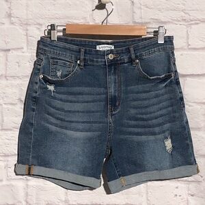 Luvamia Women's Distressed Dark Blue Jean Soft Denim Shorts size Large NWOT